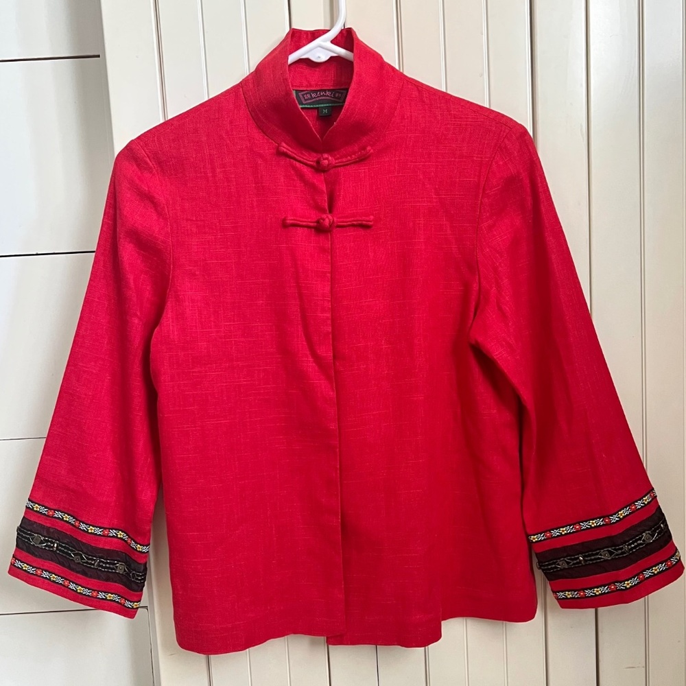 Women's Asian Ethnic Style Stand Collar Linen Red Long Sleeves Top Blouse